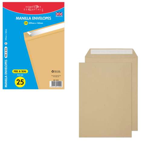 Homeware Essentials C5 Peel & Seal Envelopes (229mm x 162mm) 25 Pack - Manilla