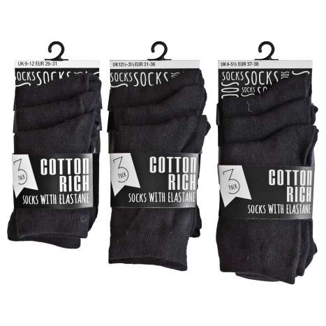 Kids Cotton Rich Socks (Assorted Sizes) 3 Pack - Black